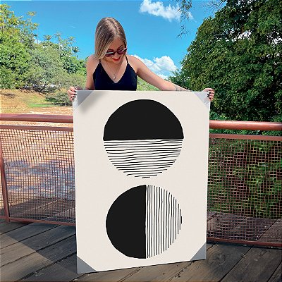 Quadro Decorativo Canvas Composição Abstrata de Duas Esferas com Linhas Horizontais Irregulares Vertical