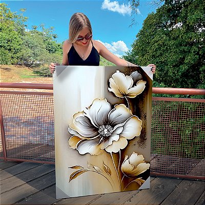 Quadro Decorativo Canvas Floral com Flores em Aspecto Envelhecido Vertical