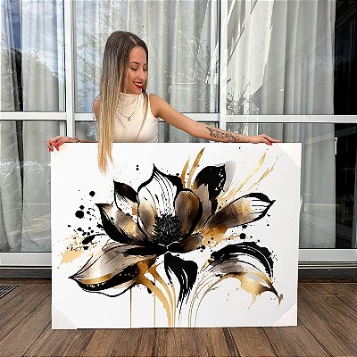 Quadro Decorativo Canvas Floral Pintura de Flor nas Cores Dourado e Preto Horizontal