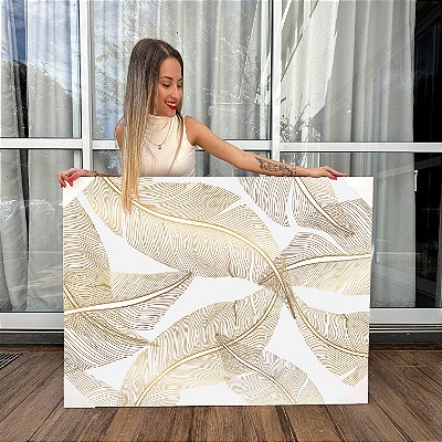 Quadro Decorativo Canvas Composição Minimalista de Folhas Compostas de Linhas Douradas Horizontal