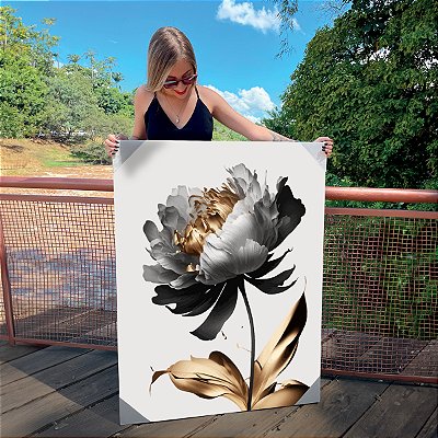 Quadro Decorativo Canvas Floral com Flor em Detalhes Cinza, Preto e Dourado I Vertical