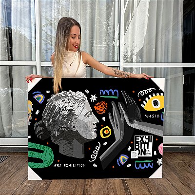 Quadro Decorativo Canvas Composição Abstrata de Rosto de Estátuas com imagens coloridas Horizontal