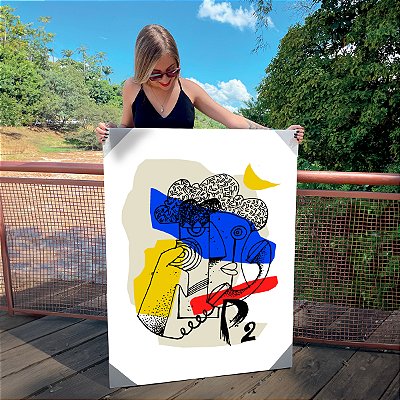 Quadro Decorativo Canvas Rostos Abstratos com cores Amarelo, Vermelho e Azul Vertical