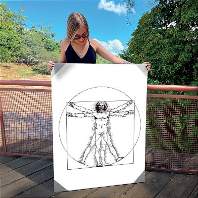 Quadro Decorativo Canvas Desenho de Homem Vitruviano Leonardo da Vinci Sombreado Vertical