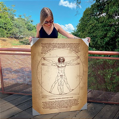 Quadro Decorativo Canvas Desenho de Homem Vitruviano Leonardo da Vinci em Fundo Envelhecido Vertical