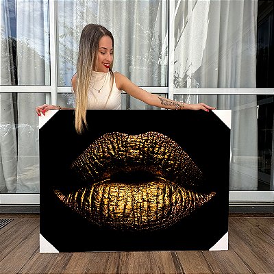 Quadro Decorativo Canvas Composição Abstrata de Boca Dourada ao Fundo Escuro Horizontal