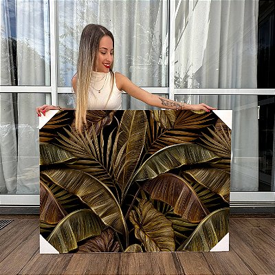 Quadro Decorativo Conjunto de Folhas Bronze e Dourado Horizontal
