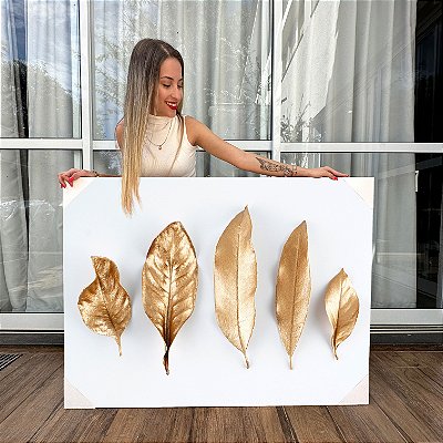 Quadro Decorativo Canvas Folhas Douradas Golden Horizontal