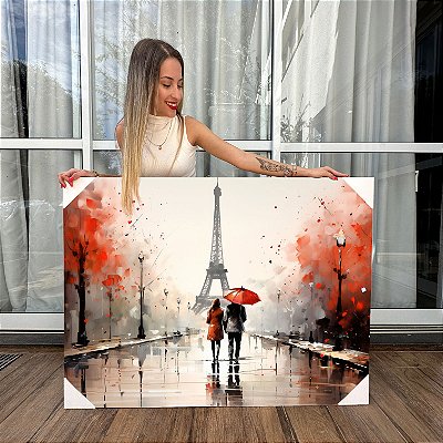 Quadro Decorativo Canvas Paisagem Pintura Casal em Frente a Torre Eiffel Horizontal