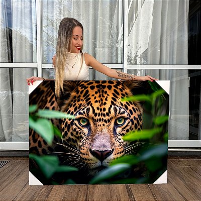 Quadro Decorativo Canvas Paisagem Selva Onça Pintada Em Meio A Folhagens Horizontal