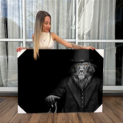 Quadro Decorativo Leão Mafioso Com Cartola Horizontal