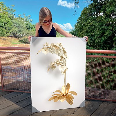 Quadro Decorativo Canvas Floral Flores Brancas Com Detalhes em Dourado Vertical