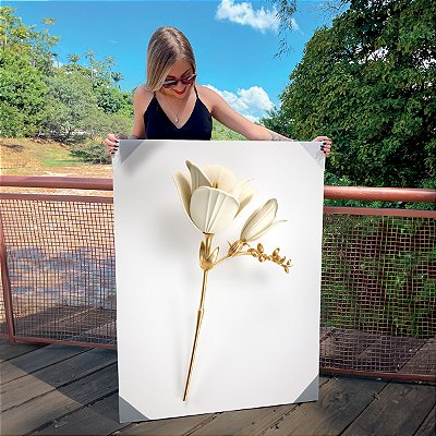Quadro Decorativo Canvas Floral Flores Brancas com Dourado Vertical