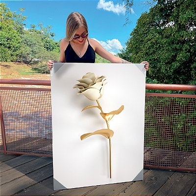 Quadro Decorativo Canvas Flor Floral de Flores Brancas com Dourado Vertical