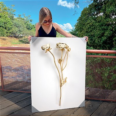 Quadro Decorativo Canvas Floral Composição de Flores Brancas com Dourado Vertical