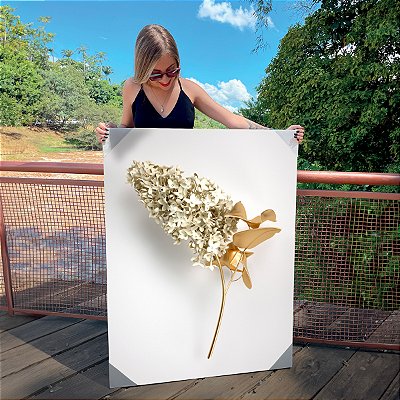 Quadro Decorativo Canvas Floral Ramo de Flores Brancas com Dourado Vertical