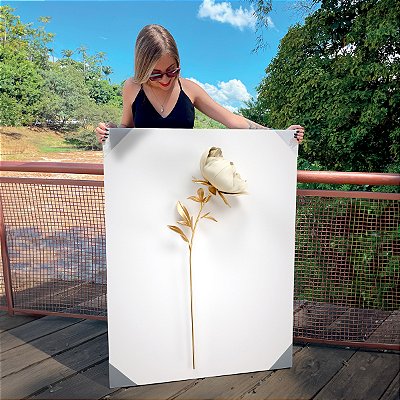 Quadro Decorativo Canvas Floral Flores Brancas Gold Vertical