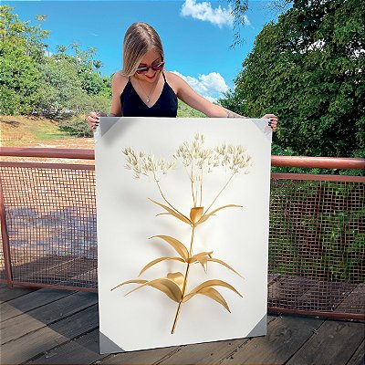 Quadro Decorativo Canvas Floral Composição de Flores Brancas com Dourado Vertical