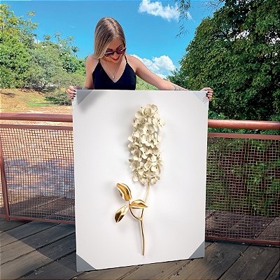 Quadro Decorativo Canvas Floral Flor Branca com Dourado Gold Vertical