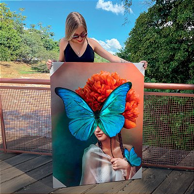 Quadro Decorativo Canvas Mulher Beleza Feminina Borboleta no Rosto Vertical