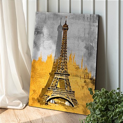 Quadro Decorativo Canvas Paisagem Torre Eiffel Abstrata Fundo Dourado Vertical