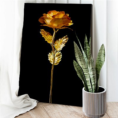 Quadro Decorativo Canvas Floral Rosa Dourada Fundo Preto