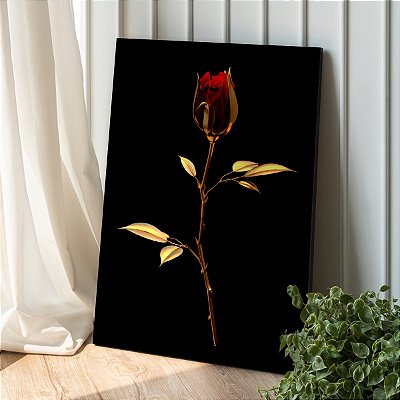 Quadro Decorativo Canvas Floral Rosa Dourada Fundo Preto