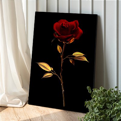 Quadro Decorativo Canvas Floral Rosa Dourada Fundo Preto