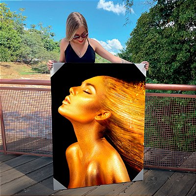 Quadro Decorativo Canvas Beleza Feminina Mulher com Maquiagem Dourada Vertical