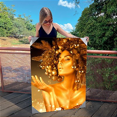 Quadro Decorativo Canvas Beleza Feminina Mulher com Maquiagem Dourada Vertical