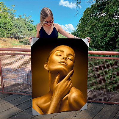 Quadro Decorativo Canvas Beleza Feminina Mulher com Maquiagem Dourada Vertical