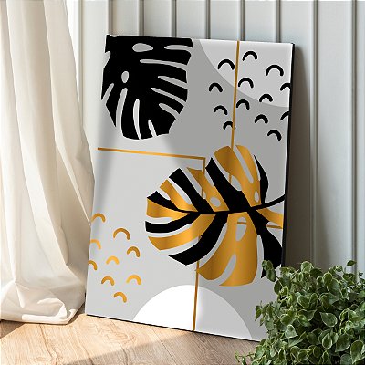 Quadro Decorativo Canvas Folhagens Pretas e Douradas Abstratas Vertical
