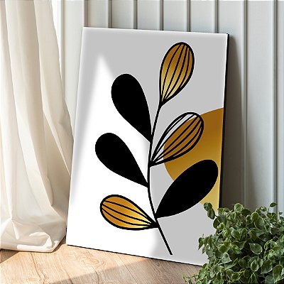 Quadro Decorativo Canvas Folhagens Pretas e Douradas Abstratas Vertical