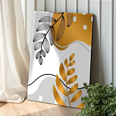 Quadro Decorativo Canvas Folhagens Pretas e Douradas Abstratas Vertical