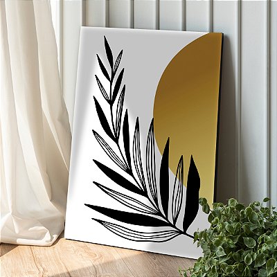 Quadro Decorativo Canvas Folhagens Pretas e Douradas Abstratas Vertical