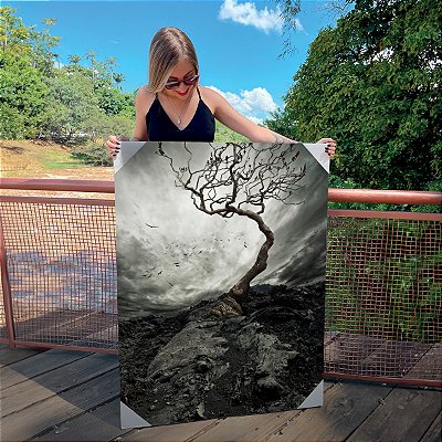 Quadro Decorativo Canvas Paisagem de Pássaros voando em Bando Próximos de Árvore Seca Vertical