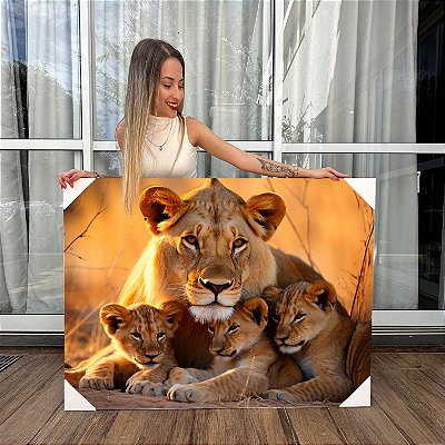 Quadro Decorativo Canvas Leão Mãe Leoa Com Três Filhotes Horizontal