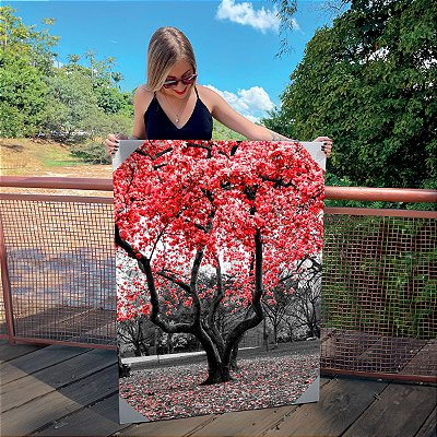 Quadro Decorativo Canvas Paisagem Árvore Grande com Folhas Vermelhas Vertical