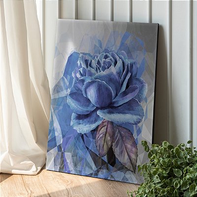 Quadro Decorativo Canvas Nórdico Elegante Floral com Rosa na cor azul Vertical