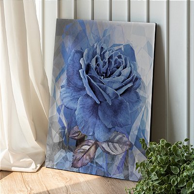 Quadro Decorativo Canvas Nórdico Elegante Floral com Rosa na cor Azul Vertical