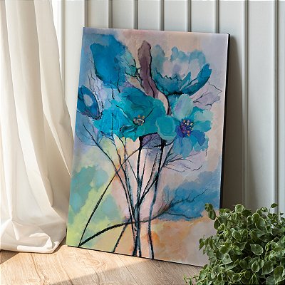 Quadro Decorativo Canvas Floral Flores Azuis Pintura a Óleo Vertical