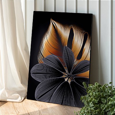 Quadro Decorativo Canvas Folhas Preta e Dourada Asbtrato Vertical