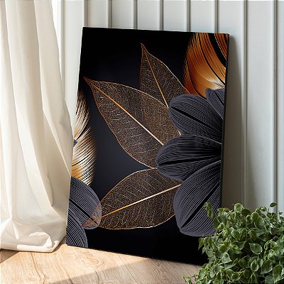 Quadro Decorativo Canvas Folhas Preta e Dourada Asbtrato Vertical