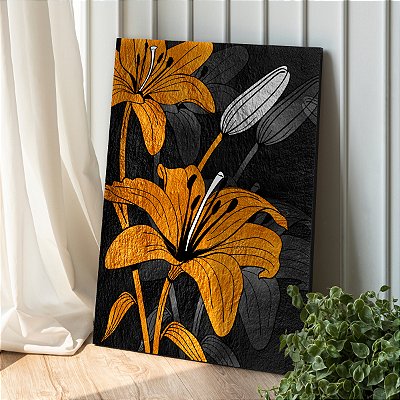 Quadro Decorativo Canvas Flores Abstratas Pretas e Douradas Vertical
