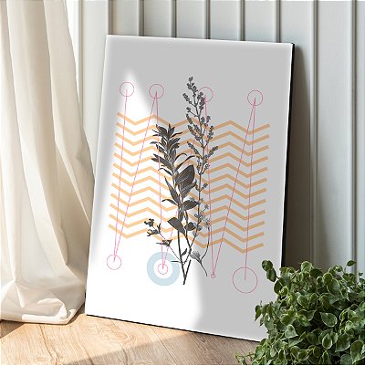 Quadro Decorativo Canvas Composição Abstrata de Formas Geométricas e Folhas Vertical