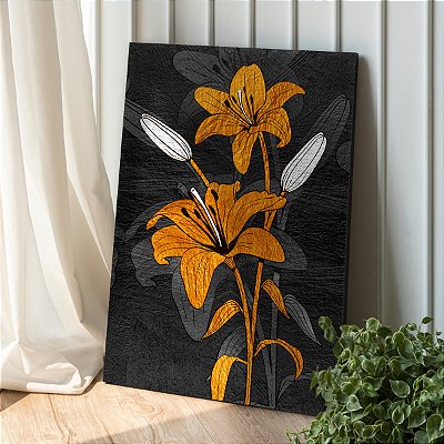 Quadro Decorativo Canvas Flores Abstratas Pretas e Douradas Vertical