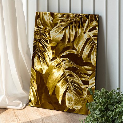 Quadro Decorativo Canvas Folhagem de Folhas Douradas Vertical