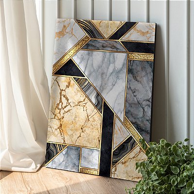 Quadro Decorativo Canvas Abstrato Mosaico Orgânico Preto, Branco e Dourado Vertical