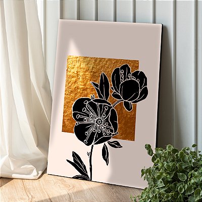 Quadro Decorativo Canvas Flores em Preto com Fundo Gold Vertical