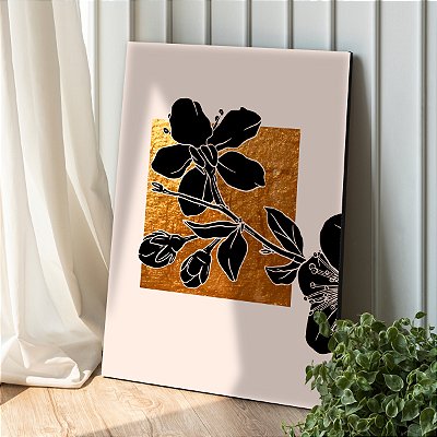 Quadro Decorativo Canvas Flores em Preto com Fundo Gold Vertical